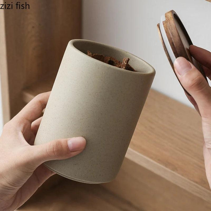 Vintage-Inspired Ceramic Canister Set with Airtight Wooden Lids for Tea and Coffee Storage