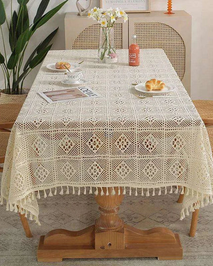 Rustic Elegance Handcrafted Crochet Beige Table Cover - Perfect for Dining, Bridal Celebrations, and Home Decor