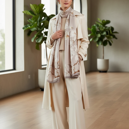 Elegant Print Silk Square Scarf – 53 x 53 cm, Beige