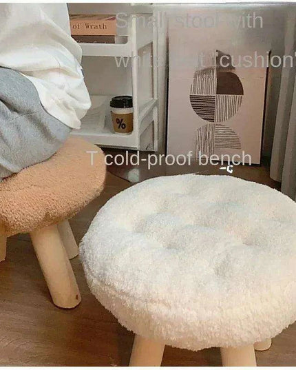 Scandinavian Round Wooden Pouf Stool with Easy-Care Cover