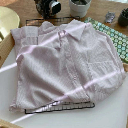 Loose-Fitting Women's Pleated Long-Sleeve Shirt with Pockets - Versatile Solid Color Sunscreen Top