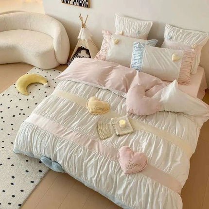 Adorable Heart-Shaped Washed Cotton Bedding Set - 4/5 Piece Duvet Cover, Sheet & Pillowcases for Girls