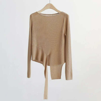 Elegant Asymmetric Long Sleeve Sky Silk Top for Women - Perfect for Spring and Summer