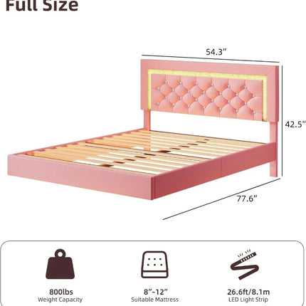 Full Floating Bed Frame with LED Lights, Pink Upholstered Diamond Headboard, No Box Spring Needed, Noise Free, Easy Assembly full-floating-bed-frame-with-led-lights-pink-upholstered-diamond-headboard-no-box-spring-needed-noise-free-easy-assembly