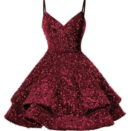Sparkling Tiered Sequin Spaghetti Strap Short Cocktail Dress for Young Women