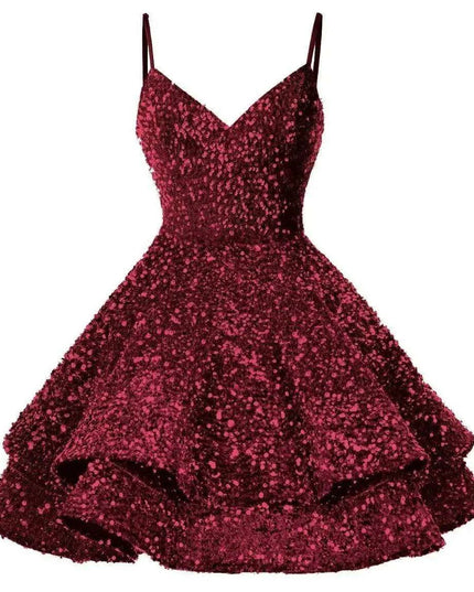 Sparkling Tiered Sequin Spaghetti Strap Short Cocktail Dress for Young Women