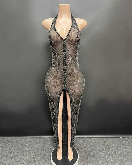 Radiant Night Halter Evening Dress with Sparkling Diamond Details