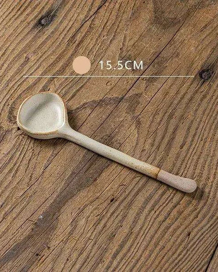 Japanese-Inspired Vintage Stoneware Soup Spoon with Extended Handle - Elegant Kitchen Tableware for 2024