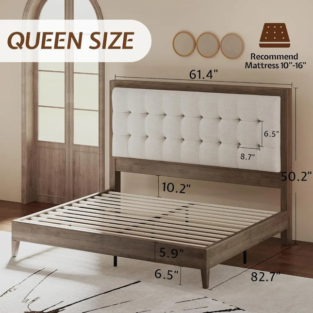 Solid Rubber Wood Queen Bed Frame | 50in Upholstered Headboard | Platform | No Box Spring