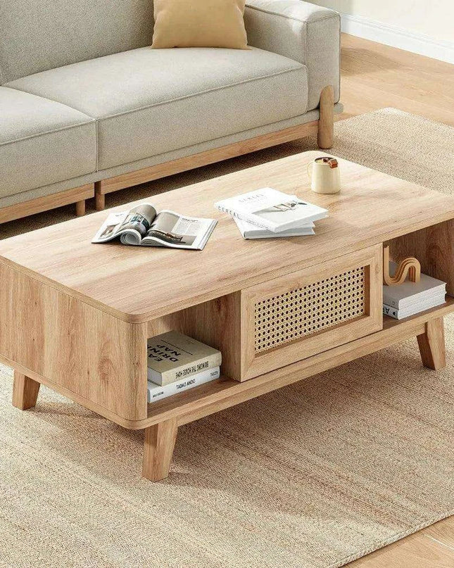 Stylish Rattan-Infused Wooden Coffee Table - Essential for Modern Living Spaces