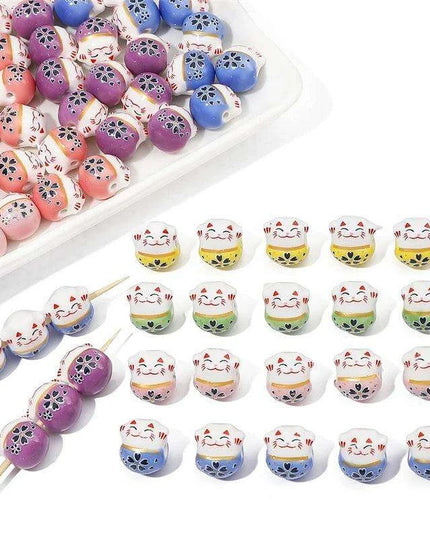 Set of 2 Artisan 14mm Ceramic Lucky Cat Charms for Creative Jewelry Designs