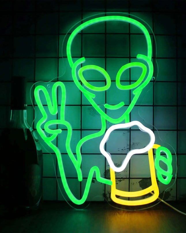 Alien Cheers LED Neon Light - Unique Illuminated Decor for Game Rooms and Bars