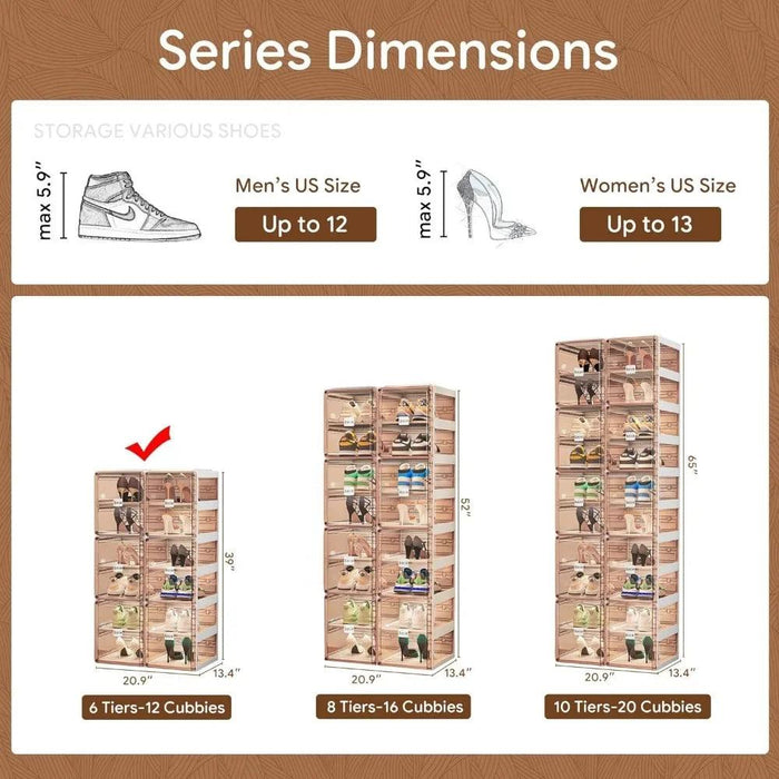 Magnetic 6-Tier Shoe Storage Rack with Clear Brown Doors - Effortless Assembly Organizer