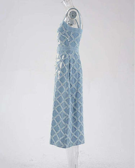 Chic Embroidered Denim Evening Gown with Diamond Detailing - Summer 2024 Edition