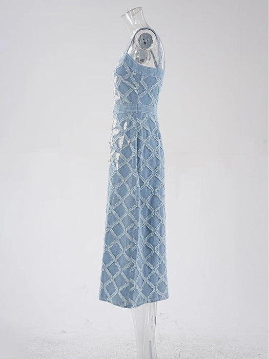 Chic Embroidered Denim Evening Gown with Diamond Detailing - Summer 2024 Edition
