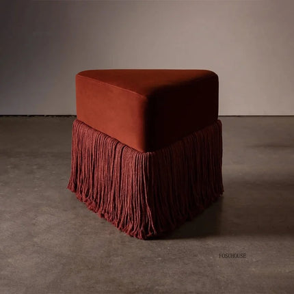 Velvet Ottoman Footstool — Upholstered Fringe Bench & Shoe Stool