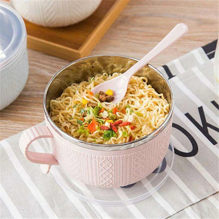 Premium Insulated Stainless Steel Ramen Bowl Set with Lid and Spoon - Large Double-layer Design for Instant Noodles