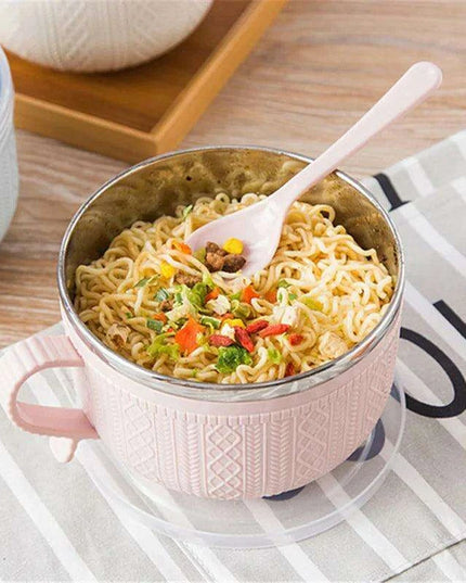 Premium Insulated Stainless Steel Ramen Bowl Set with Lid and Spoon - Large Double-layer Design for Instant Noodles