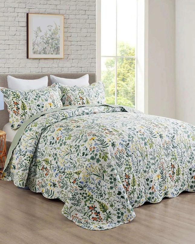 Elegant Floral Garden Reversible Quilt Set - 3-Piece Microfiber Bedding Ensemble