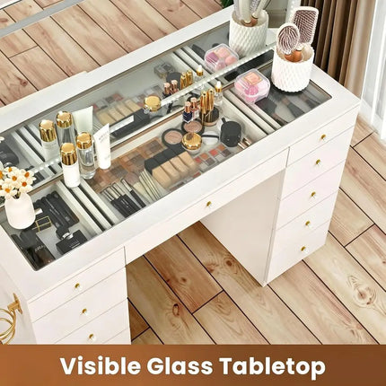 Pamapic Glass Top Makeup Vanity Desk with Mirror & 3 Lighting Options