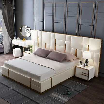 Leather Upholstered King Size Bed with Storage Nightstands — Style A & B