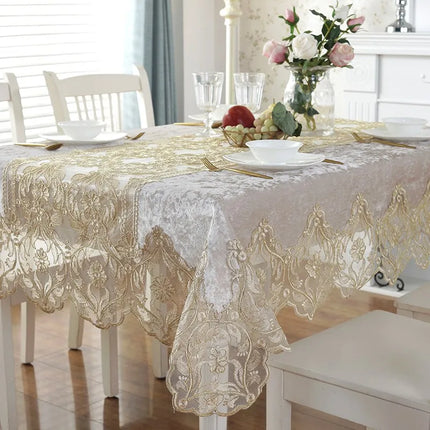JD Heart Luxury Blue Golden Velvet Rectangle Tablecloth with Lace Trim