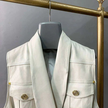Sheepskin Sleeveless Leather Waistcoat with Belt - Chic Women's Outerwear for Transitional Seasons - Très Elite