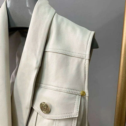 Sheepskin Sleeveless Leather Waistcoat with Belt - Chic Women's Outerwear for Transitional Seasons - Très Elite