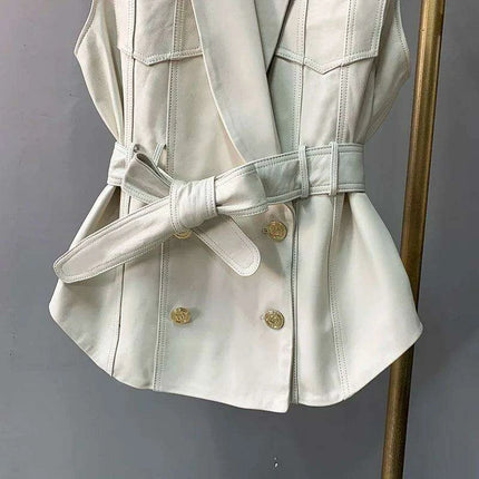 Sheepskin Sleeveless Leather Waistcoat with Belt - Chic Women's Outerwear for Transitional Seasons - Très Elite