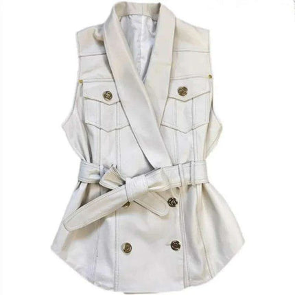 Sheepskin Sleeveless Leather Waistcoat with Belt - Chic Women's Outerwear for Transitional Seasons - Très Elite