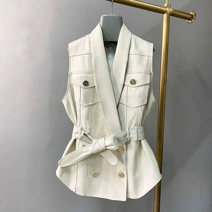 Sheepskin Sleeveless Leather Waistcoat with Belt - Chic Women's Outerwear for Transitional Seasons - Très Elite