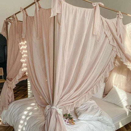 Sheer Linen Canopy Bed Curtains with Ruffled Detailing and Easy Setup- Très Elite- Très Elite