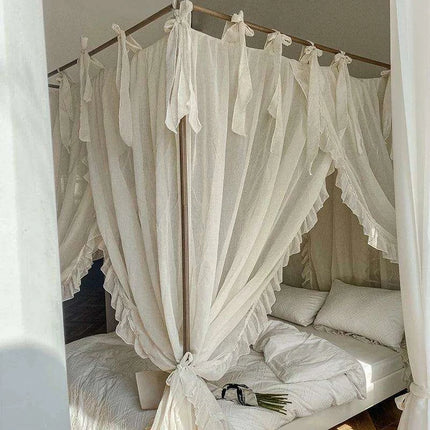 Sheer Linen Canopy Bed Curtains with Ruffled Detailing and Easy Setup- Très Elite- Très Elite