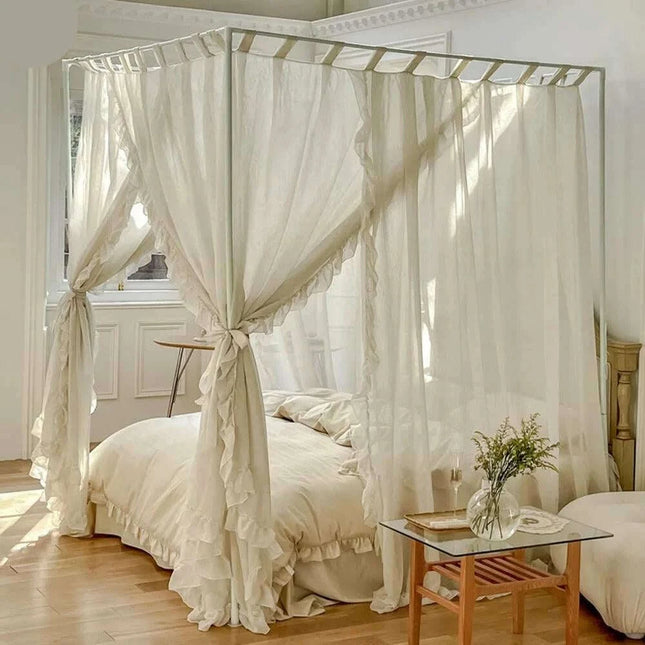 Sheer Linen Canopy Bed Curtains with Ruffled Detailing and Easy Setup