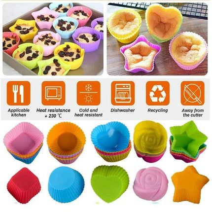 Silicone Baking Molds Collection - 6/12 Pack Non-Stick Round & Heart Shapes for Creative Dessert Making - Très Elite