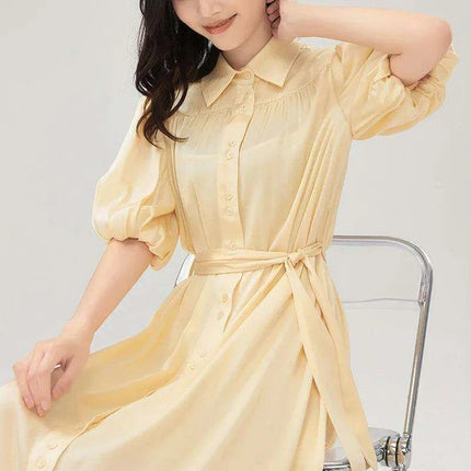 Silk Serenity Lace-Up Waist Dress - Women's Chic Solid Ensemble Exuding Feminine Charm - Très Elite