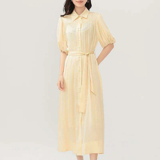 Silk Serenity Lace-Up Waist Dress - Women's Chic Solid Ensemble Exuding Feminine Charm