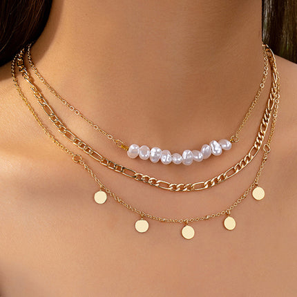 Simple and elegant irregular imitation pearl metal disc women's necklace set - Très Elite