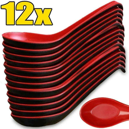 Sleek Anti-Shock Porcelain Spoon Set for Rice, Dumplings, and Porridge - Modern Kitchen Cutlery in Bold Red and Black - Très Elite