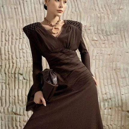 Sleek Asymmetrical V-neck Brown Evening Dress - Très Elite