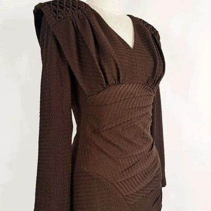 Sleek Asymmetrical V-neck Brown Evening Dress - Très Elite