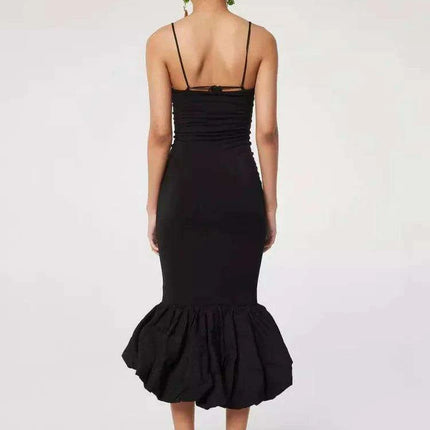 Sleek Black Spaghetti Strap Fishtail Evening Dress - High Waist Glamour for Women - Très Elite