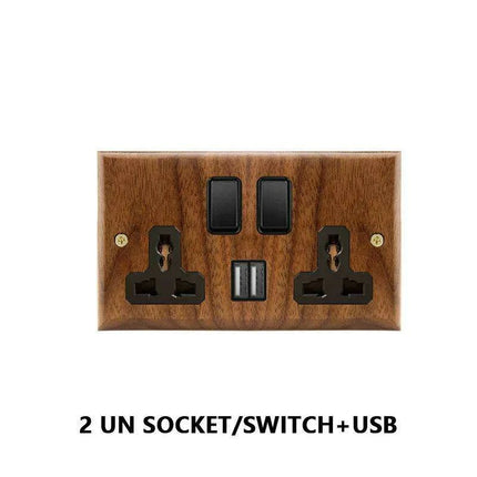 Sleek Black Walnut Electrical Panel with USB Ports, Adjustable LED Ambiance, and Contemporary Toggle Features..