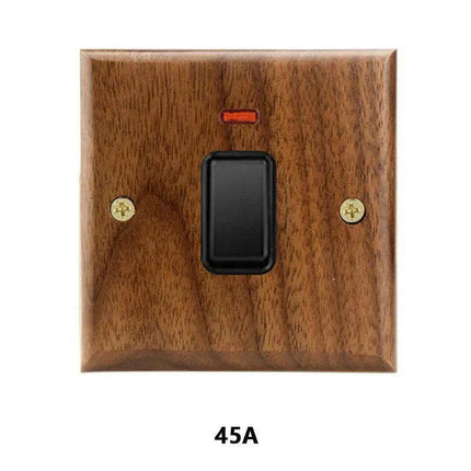 Sleek Black Walnut Electrical Panel with USB Ports, Adjustable LED Ambiance, and Contemporary Toggle Features..