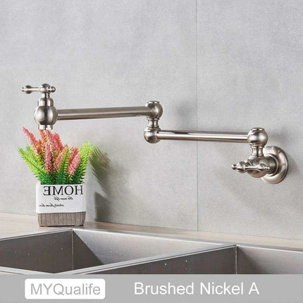 Sleek Brushed Gold Brass Wall-Mounted Pot Filler Faucet for a Chic Kitchen Upgrade..