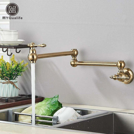 Sleek Brushed Gold Brass Wall-Mounted Pot Filler Faucet for a Chic Kitchen Upgrade..