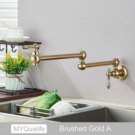 Sleek Brushed Gold Brass Wall-Mounted Pot Filler Faucet for a Chic Kitchen Upgrade..