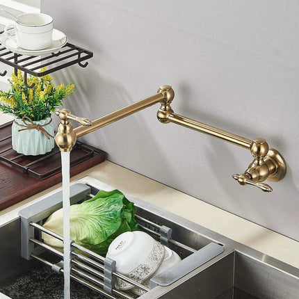 Sleek Brushed Gold Brass Wall-Mounted Pot Filler Faucet for a Chic Kitchen Upgrade..