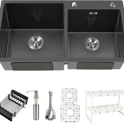 Sleek Dual-Basin Gourmet Stainless Steel Kitchen Sink Set with Effortless Cleanup Design..