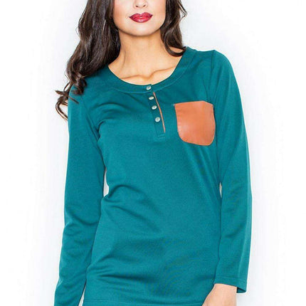 Sleek Eco-Friendly Leather Pocket Blouse with Round Neck Style - Très Elite